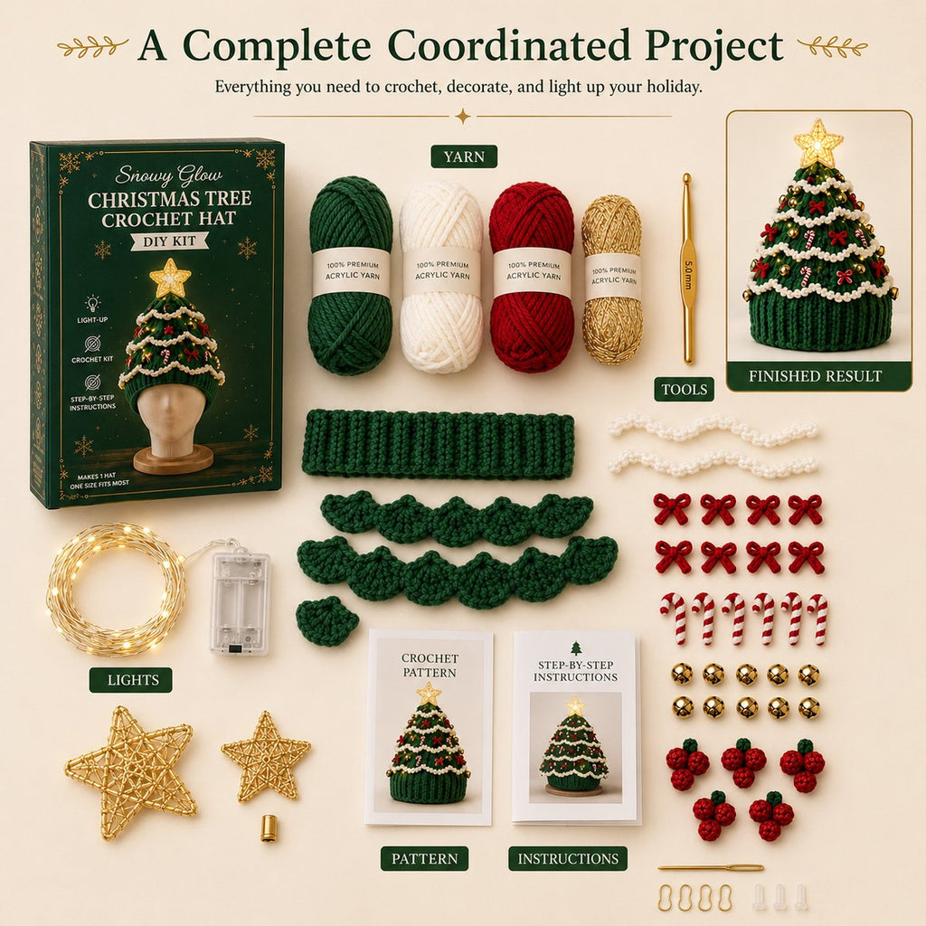 🔥Black Friday Deals 49% OFF--🎄Complete Light-Up Christmas Tree Crochet Hat DIY Kit