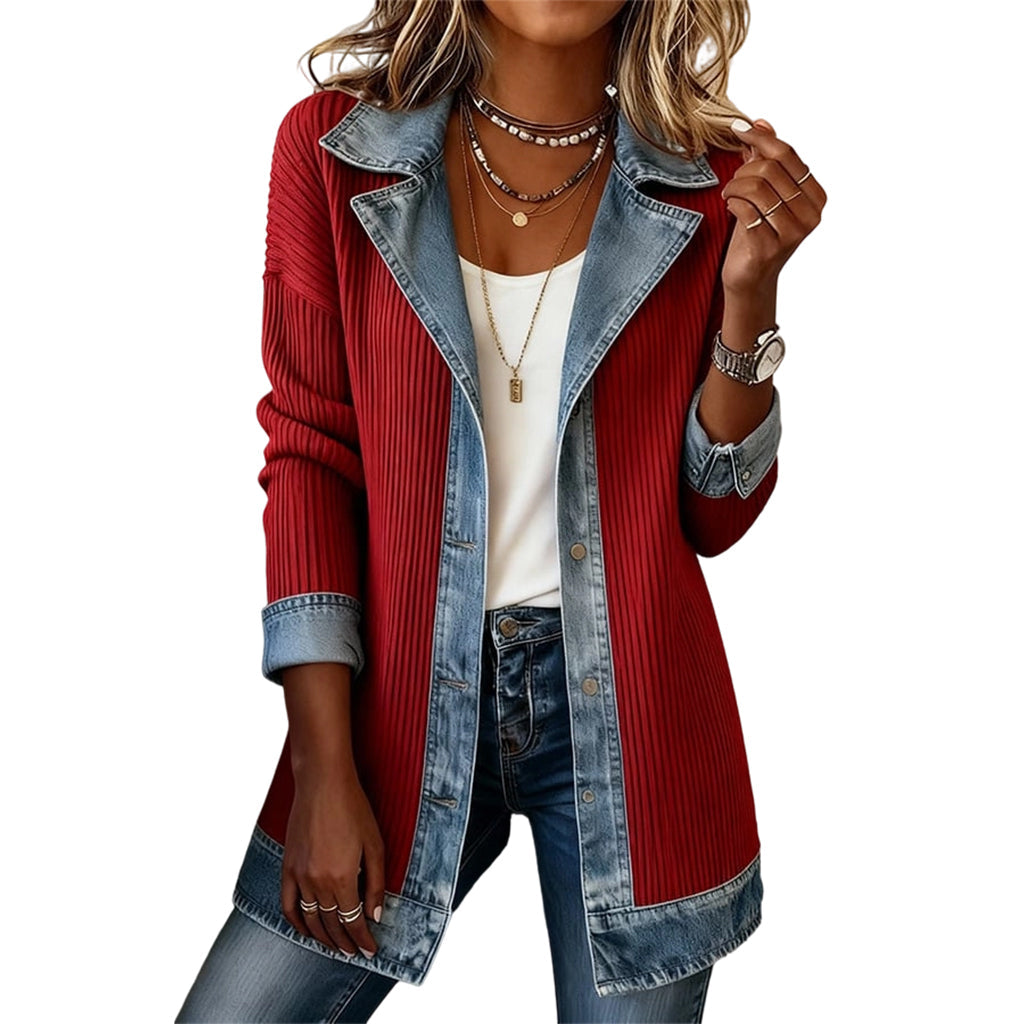🔥Autumn Hot Sale 50% OFF💃Women’s Elegant Denim Spliced Ribbed Knit Coat – Stretchy, Stylish & Comfortable ✨