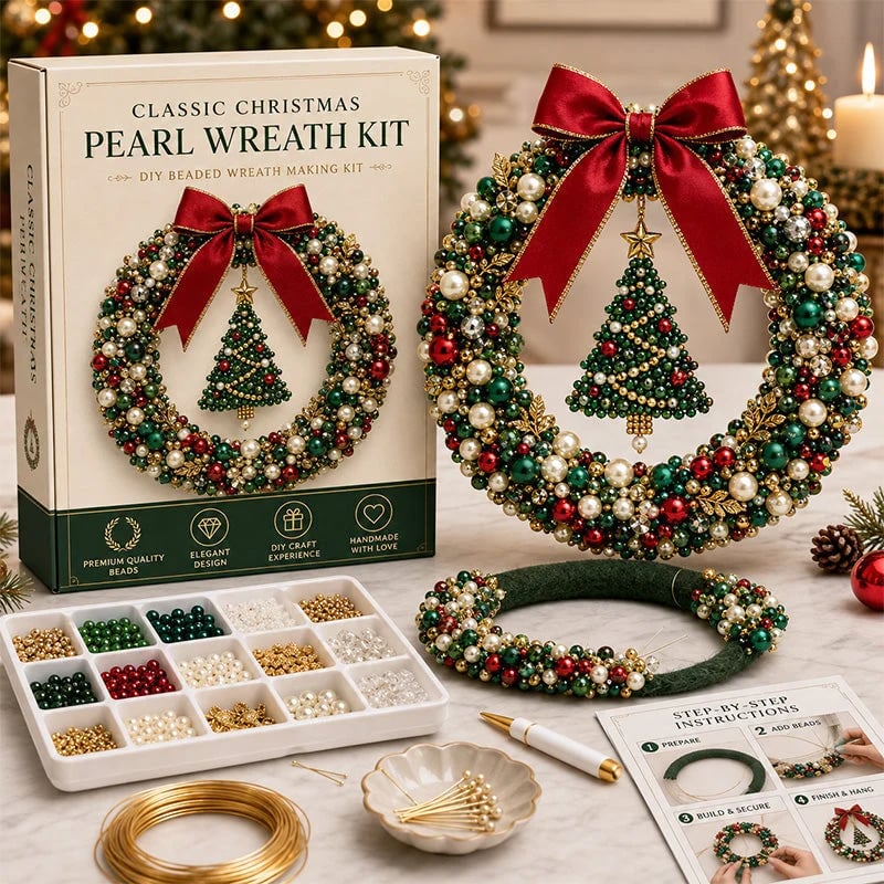 ⏳ Last Day 49% OFF--🎄✨ DIY Christmas Pearl Wreath Kit – Handmade Beaded Holiday Door Décor 💎🎀