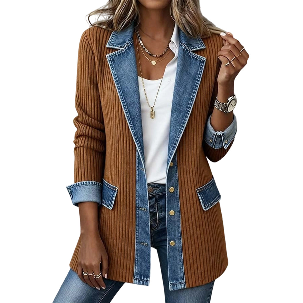 🔥Autumn Hot Sale 50% OFF💃Women’s Elegant Denim Spliced Ribbed Knit Coat – Stretchy, Stylish & Comfortable ✨