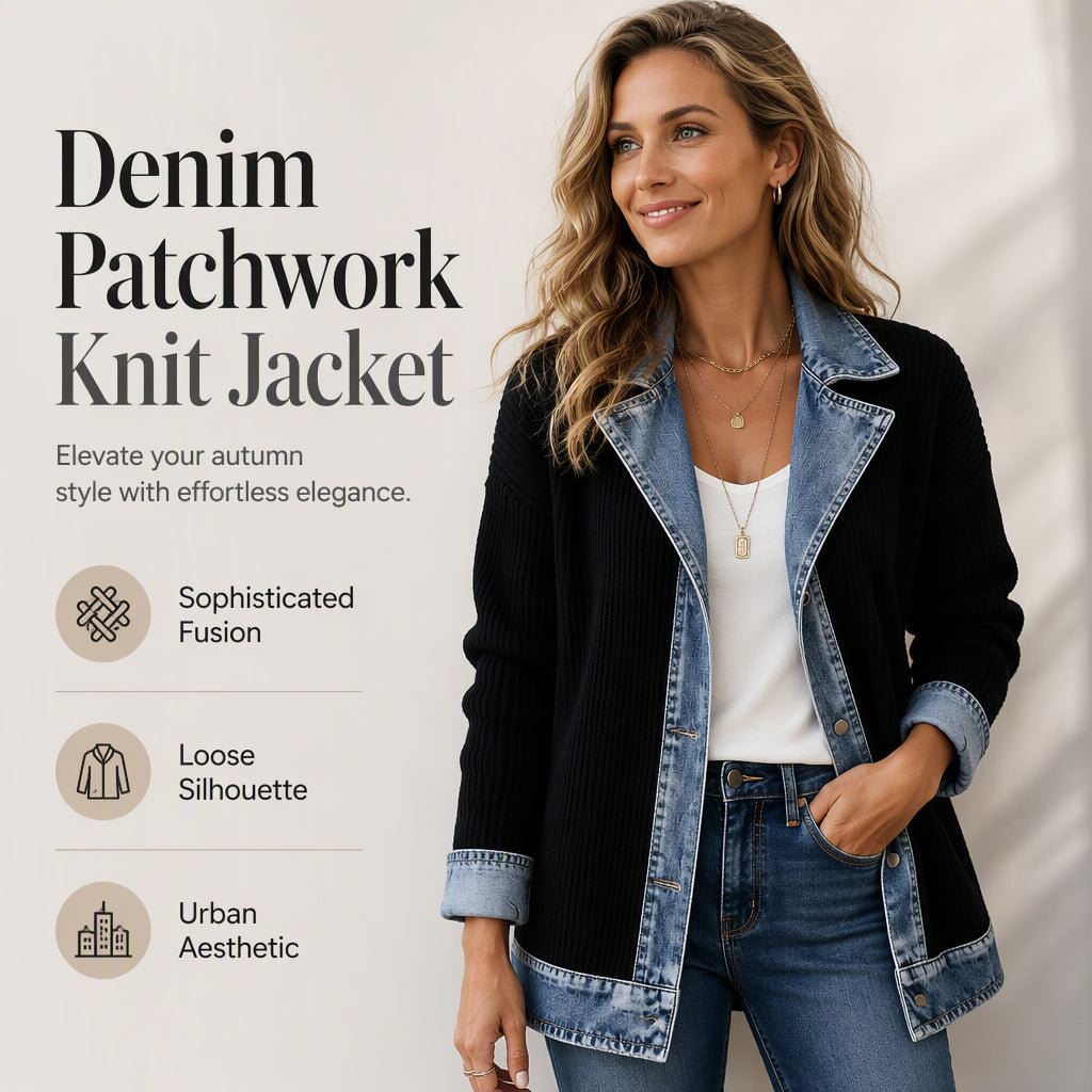 🔥Autumn Hot Sale 50% OFF💃Women’s Elegant Denim Spliced Ribbed Knit Coat – Stretchy, Stylish & Comfortable ✨