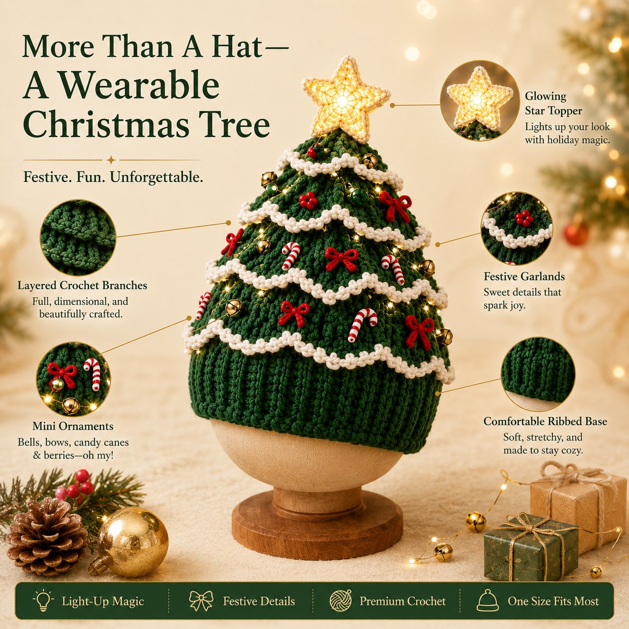 🔥Black Friday Deals 49% OFF--🎄Complete Light-Up Christmas Tree Crochet Hat DIY Kit