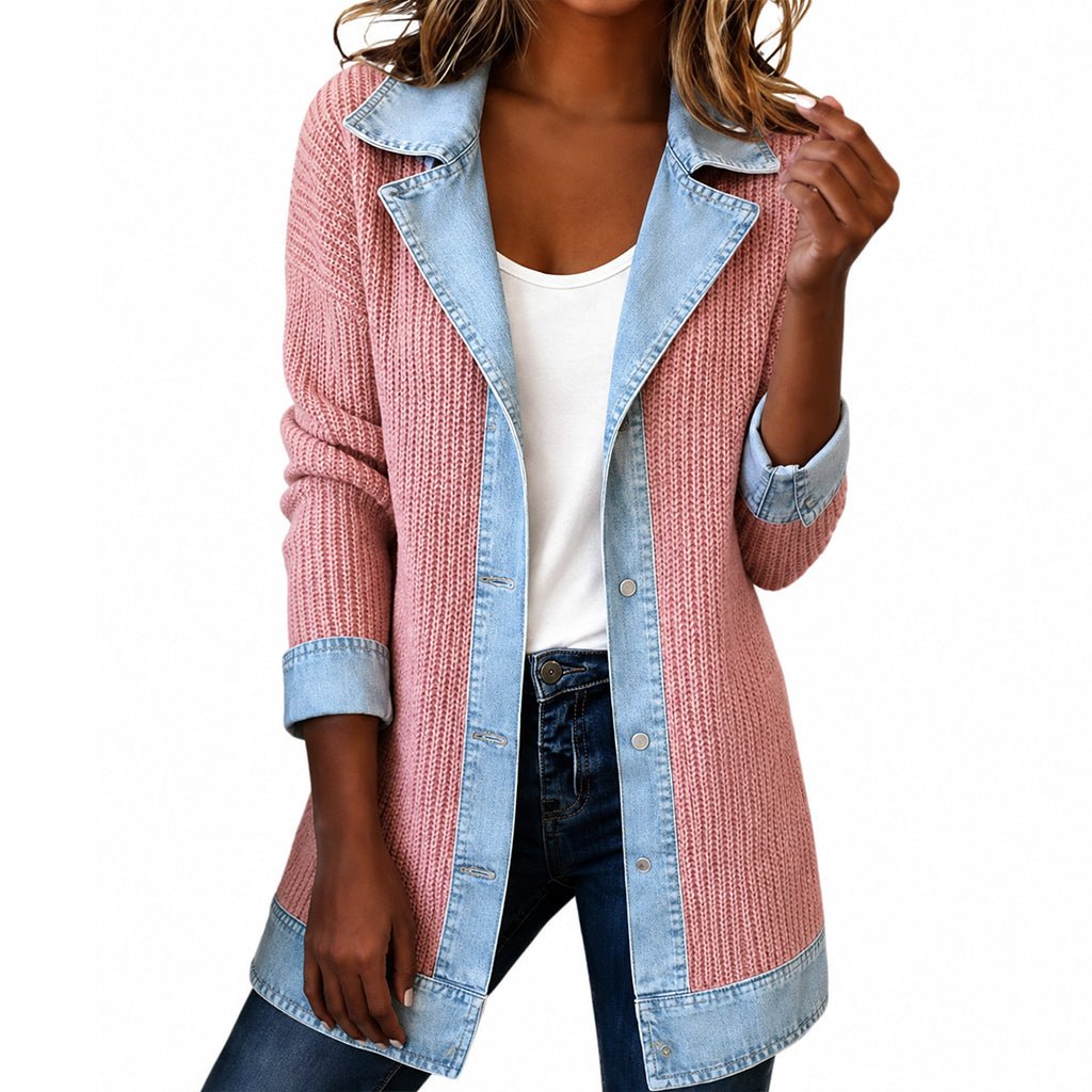 🔥Autumn Hot Sale 50% OFF💃Women’s Elegant Denim Spliced Ribbed Knit Coat – Stretchy, Stylish & Comfortable ✨
