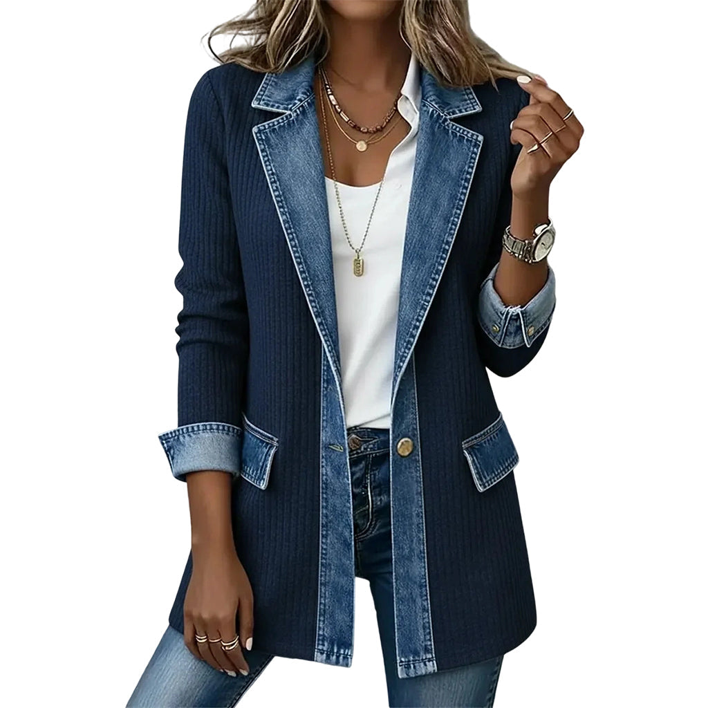 🔥Autumn Hot Sale 50% OFF💃Women’s Elegant Denim Spliced Ribbed Knit Coat – Stretchy, Stylish & Comfortable ✨
