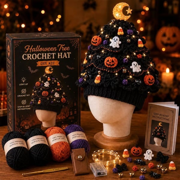 🔥Black Friday Deals 49% OFF--🎄Complete Light-Up Christmas Tree Crochet Hat DIY Kit