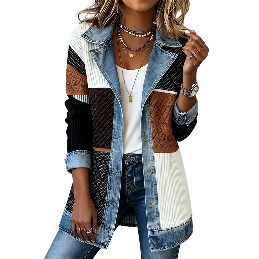 🔥Autumn Hot Sale 50% OFF💃Women’s Elegant Denim Spliced Ribbed Knit Coat – Stretchy, Stylish & Comfortable ✨
