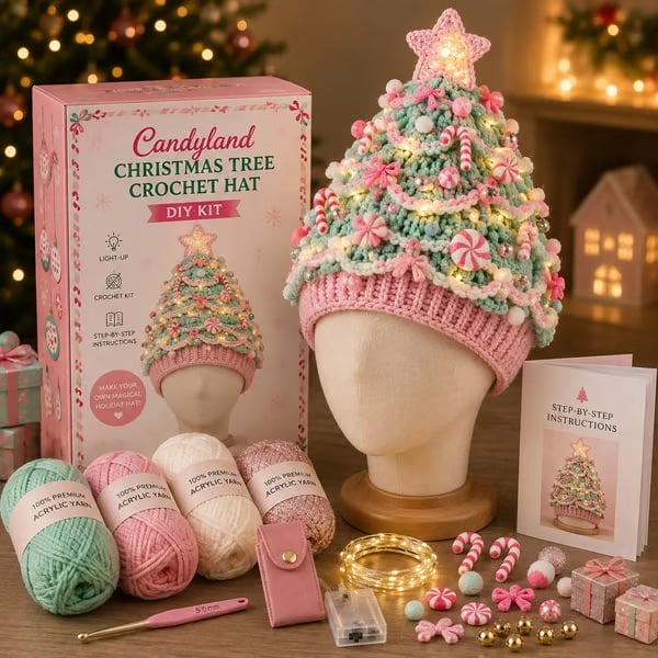 🔥Black Friday Deals 49% OFF--🎄Complete Light-Up Christmas Tree Crochet Hat DIY Kit