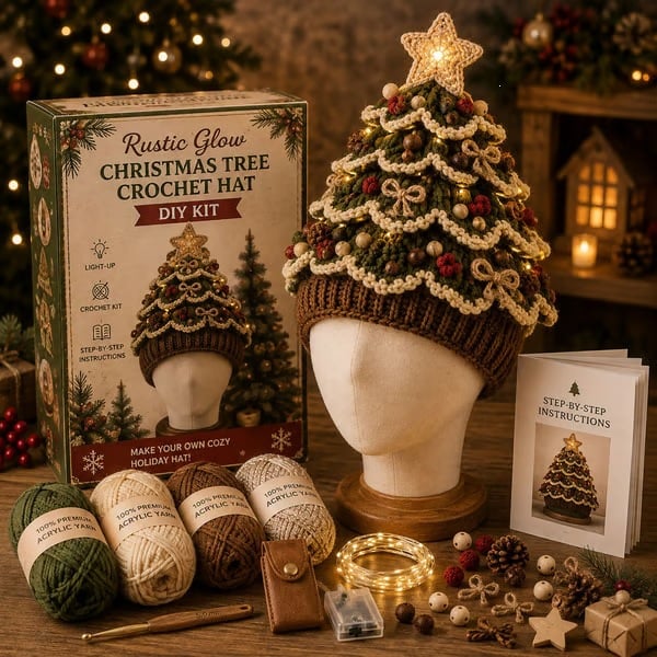 🔥Black Friday Deals 49% OFF--🎄Complete Light-Up Christmas Tree Crochet Hat DIY Kit