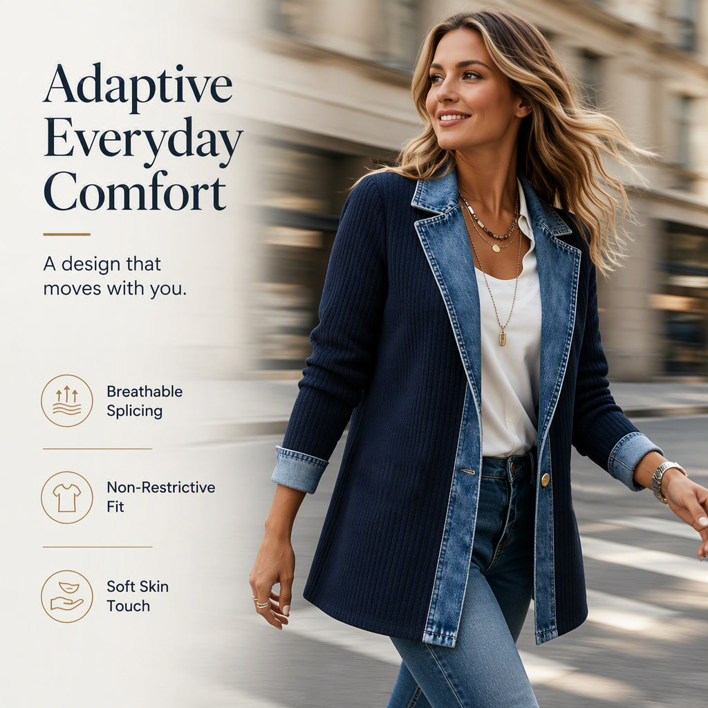 🔥Autumn Hot Sale 50% OFF💃Women’s Elegant Denim Spliced Ribbed Knit Coat – Stretchy, Stylish & Comfortable ✨
