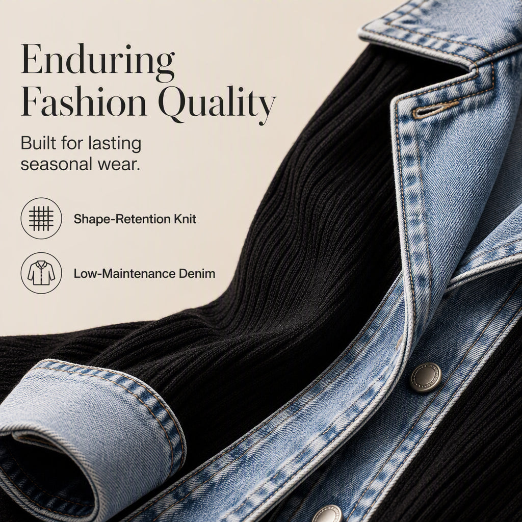 🔥Autumn Hot Sale 50% OFF💃Women’s Elegant Denim Spliced Ribbed Knit Coat – Stretchy, Stylish & Comfortable ✨