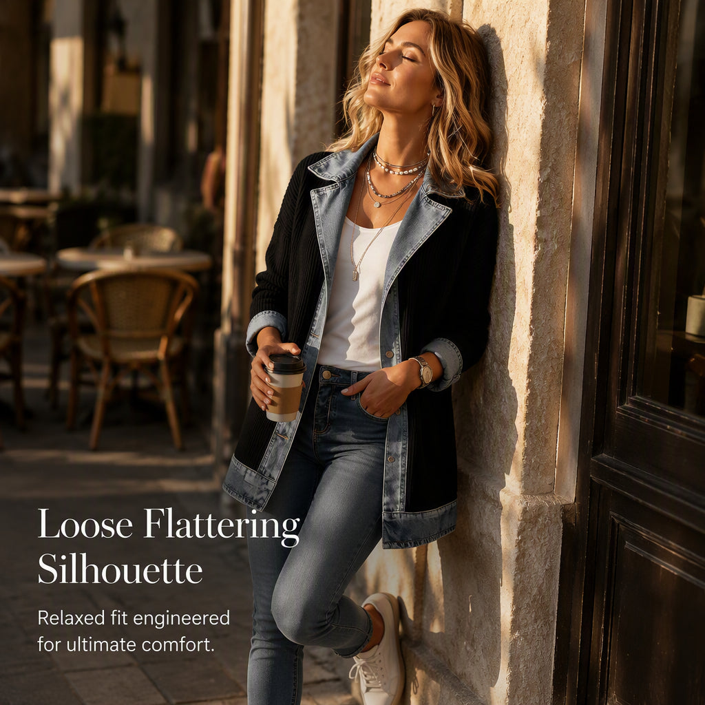🔥Autumn Hot Sale 50% OFF💃Women’s Elegant Denim Spliced Ribbed Knit Coat – Stretchy, Stylish & Comfortable ✨