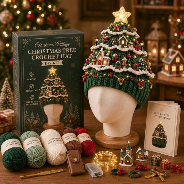 🔥Black Friday Deals 49% OFF--🎄Complete Light-Up Christmas Tree Crochet Hat DIY Kit