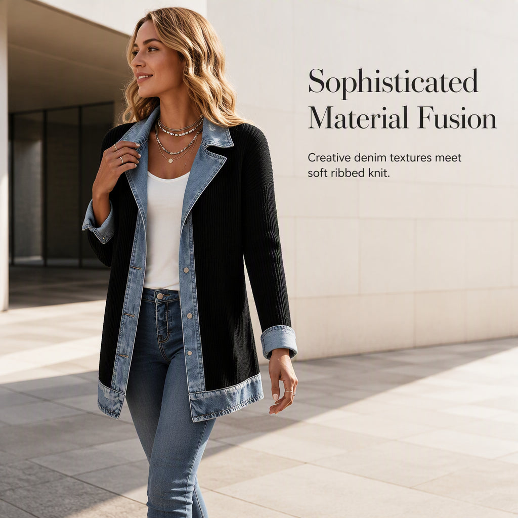 🔥Autumn Hot Sale 50% OFF💃Women’s Elegant Denim Spliced Ribbed Knit Coat – Stretchy, Stylish & Comfortable ✨