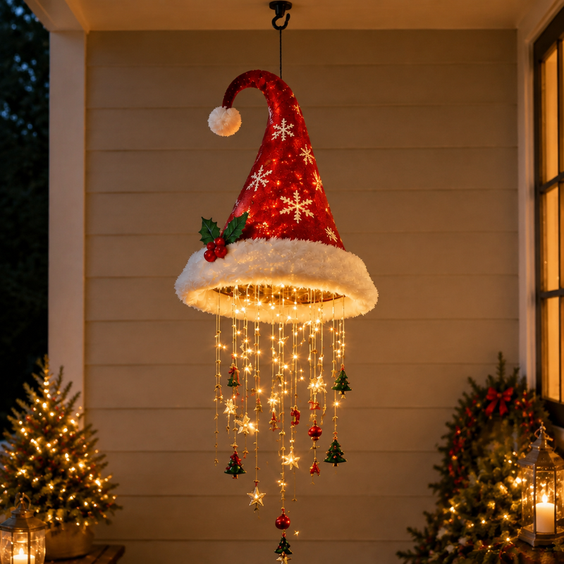 🎅 Lighted Santa Hat Hanging Chandelier 🎄 | 4 Styles Warm LED Christmas String Light | Indoor Outdoor Porch Holiday Decor Gift