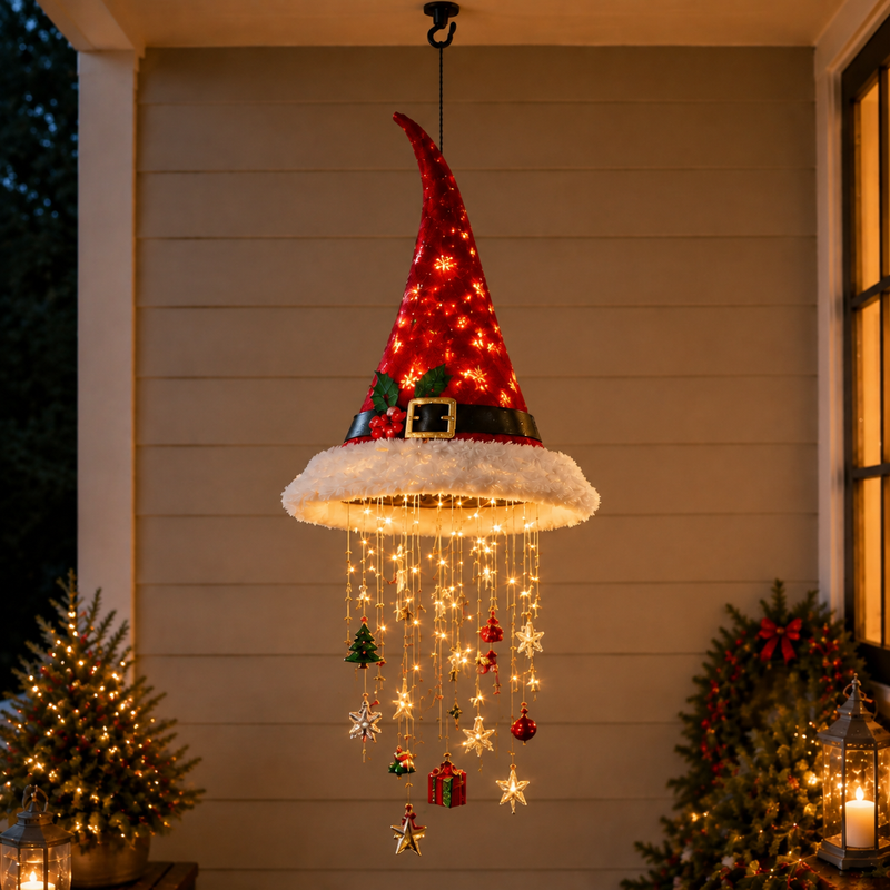 🎅 Lighted Santa Hat Hanging Chandelier 🎄 | 4 Styles Warm LED Christmas String Light | Indoor Outdoor Porch Holiday Decor Gift