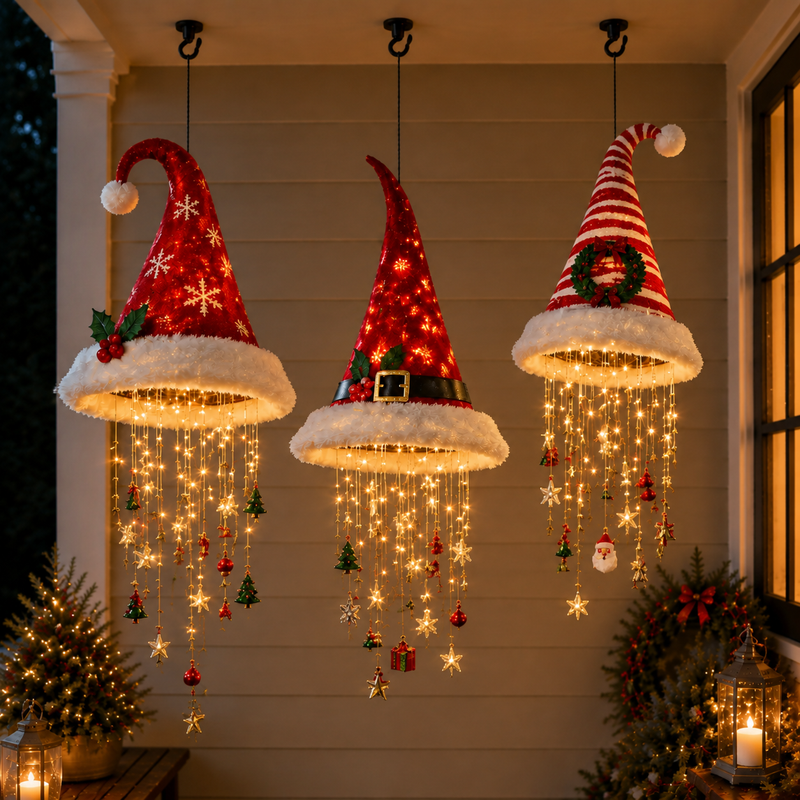 🎅 Lighted Santa Hat Hanging Chandelier 🎄 | 4 Styles Warm LED Christmas String Light | Indoor Outdoor Porch Holiday Decor Gift