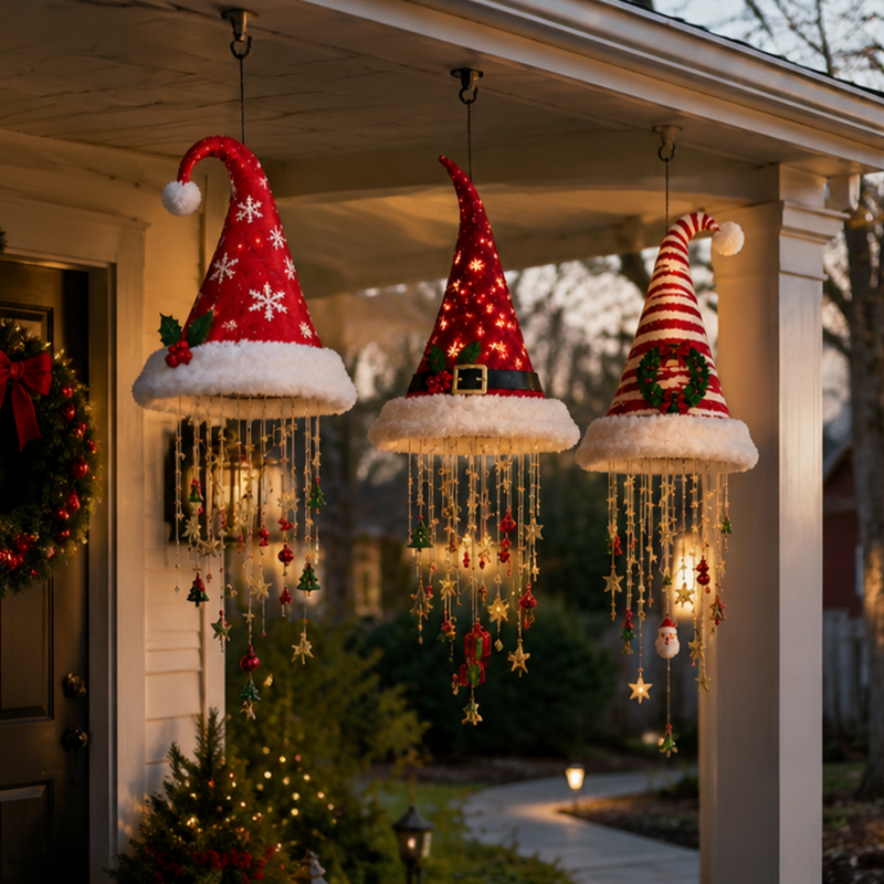 🎅 Lighted Santa Hat Hanging Chandelier 🎄 | 4 Styles Warm LED Christmas String Light | Indoor Outdoor Porch Holiday Decor Gift